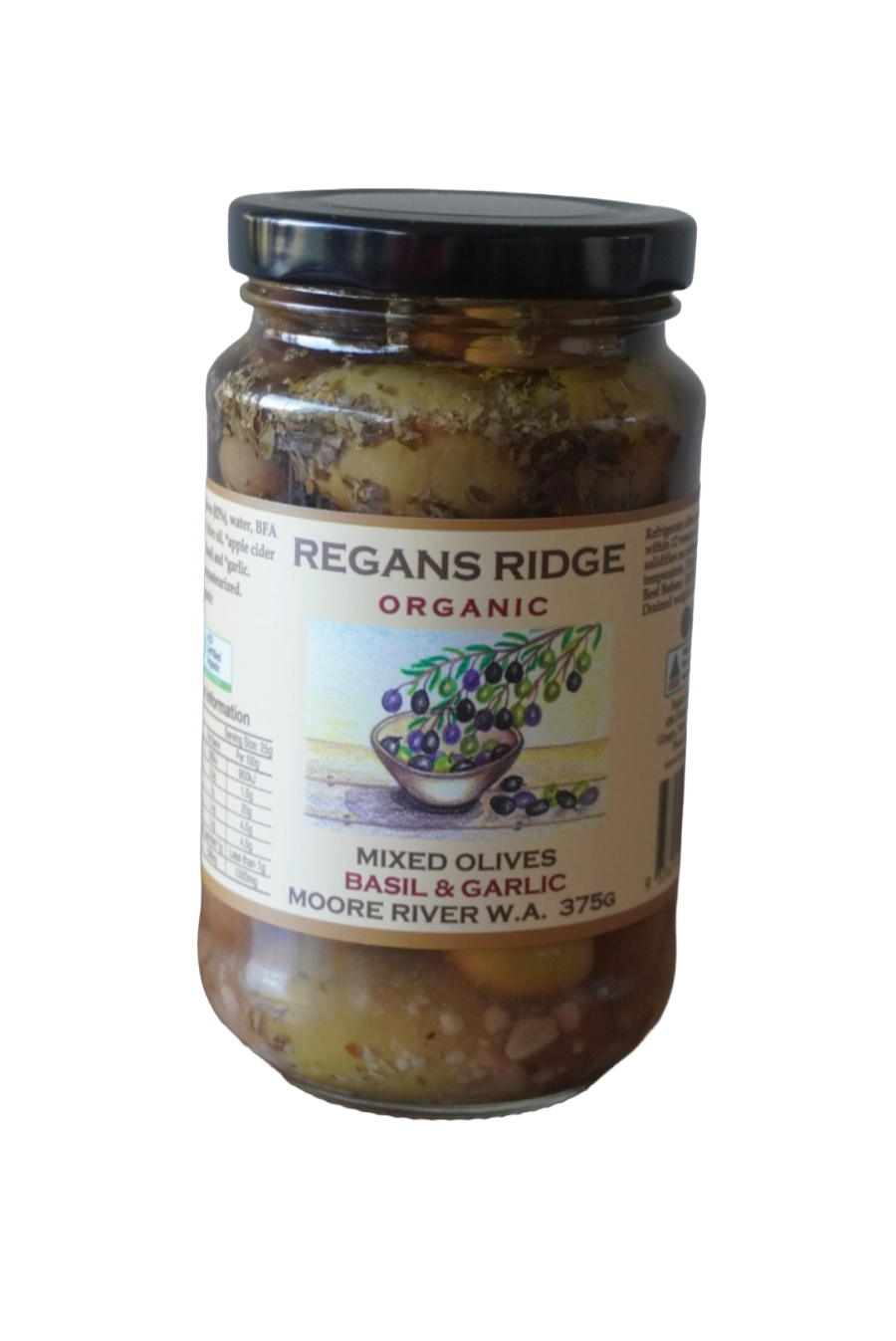 Regan's Ridge Olives - Organic Mixed Olives with Basil & Garlic 375g
