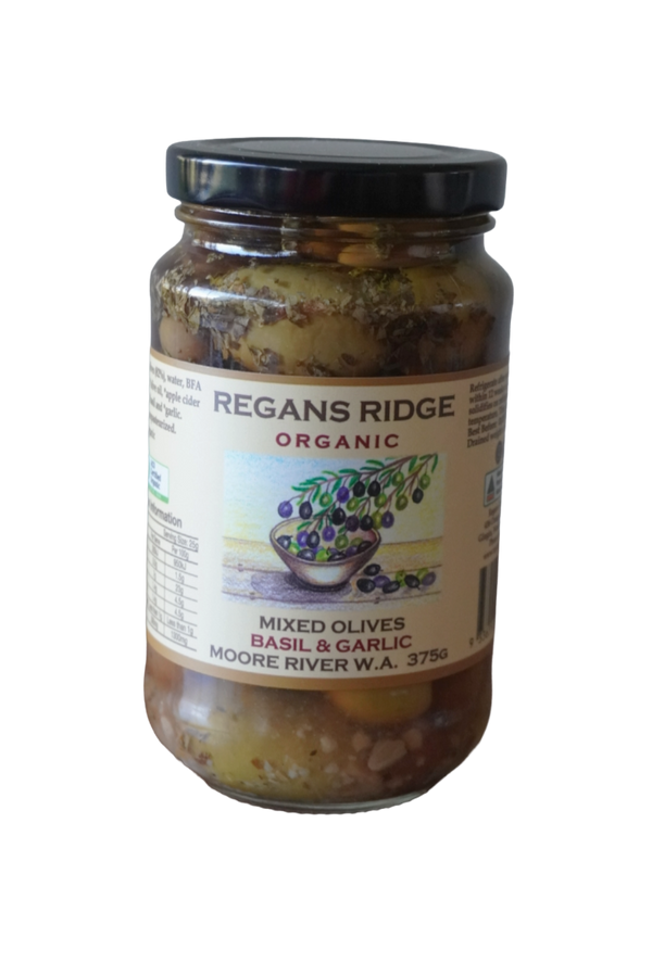 Regan's Ridge Olives - Organic Mixed Olives with Basil & Garlic 375g