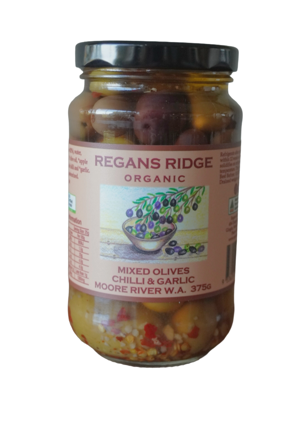 Regan's Ridge Olives - Organic Mixed Olives with Mild Chilli & Garlic 375g